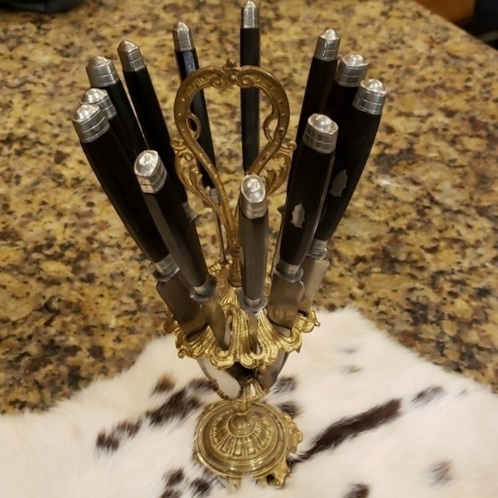 Vtg J Depirc Gembloix Set 12 Knives/Brass Holder - Picture 2 of 11